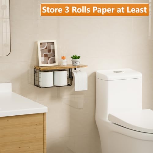 VITVITI Toilet Paper Holder with Shelf, Wall Mounted Storage Basket, Brown - Image 3