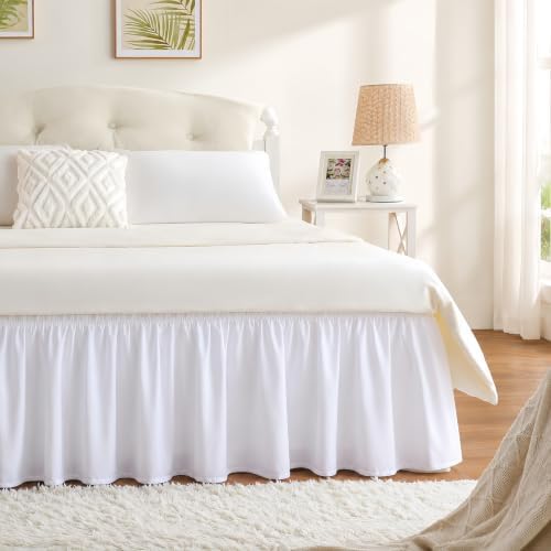 RIMELA White Bed Skirt King Size 15 Inch Drop, Elastic Bed Skirting for Bed Base and Frame, Bedding Dust Ruffle, Lightweight Wrap Around Adjustable Bedskirt, Cal King by RIMELABedSkirt
