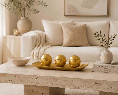 Gold Decorative Orbs with Tray Set, 3Pcs Resin Decorative Balls with Tray, Modern Accent Sphere for Coffee Table, Dining Table, Living Room, Entryway - Image 3