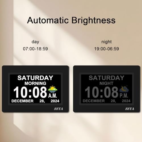 SSYA 7 Inch Calendar Clock - 12 Alarm Options, Level 5 Auto Dimmable Display,Extra Large Impaired Vision Digital Clock with Non-Abbreviated Day & Month (Black) - Image 3