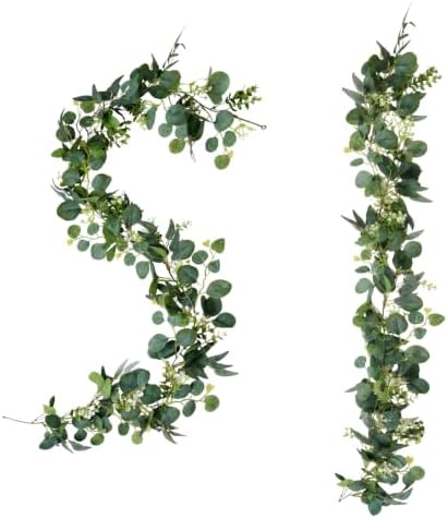 2 Pack 6 FEET Artificial Eucalyptus Garland Faux Silk Leaf Silver Dollar Eucalyptus Leaves Vines Handmade Garland Greenery Wedding Backdrop Indoor Outdoor Decoration by FloraNet