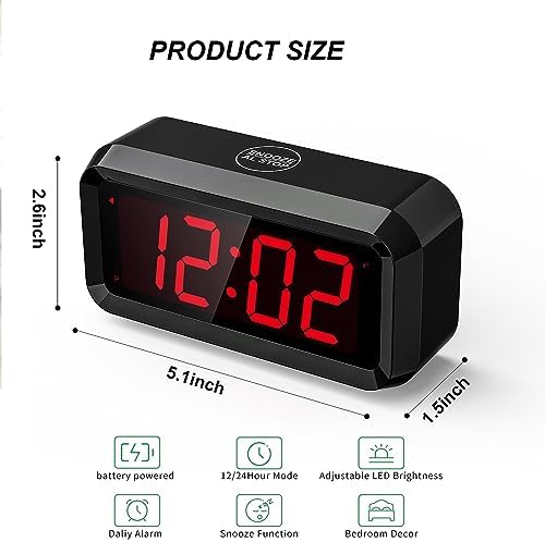 Alarm Clock,Digital Alarm Clock for Bedrooms,Battery Operated Clock,Adjustable 3 Brightness,1.2 inch LED Time Display, 12/24Hr, Cordless,Snooze (Black) - Image 2