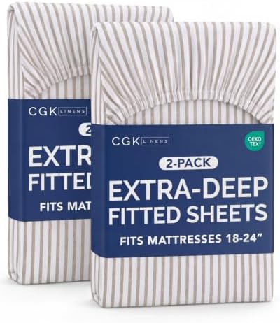 CGK Linens 2 Pack Extra Deep Cal King Fitted Sheets - Beige Stripes by CGKUnlimited