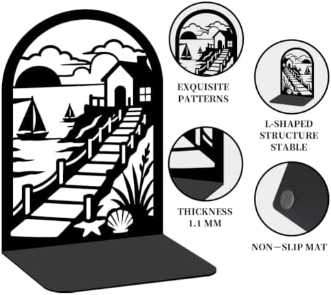 2 Pairs Seaside Landscape Black Metal Bookends for Shelves - Image 4