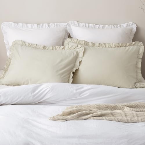PHF Washed Cotton Ruffle Pillowcases Standard 20"x26", Tofu, No Insert by PHF