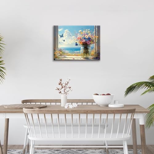 Beach Floral Bathroom Pictures Wall Art, Colorful Flower Bathroom Wall Decor, Coastal Ocean Framed Painting Canvas Artwork for Bedroom Living Room Decorations 20" L x 16" W - Image 2