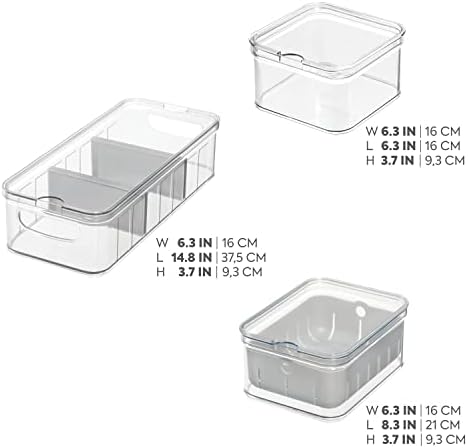 iDesign Crisp 3-Piece Recycled Plastic Refrigerator Organizer Bin Set with Lids, Clear/Gray - Image 2