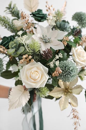 rongflower Christmas Artificial Flowers Greenery Combo Box Set Silk Flowers Fake Rose for DIY Christmas Red Theme Decoration Tree Ornaments, Xmas Wreath Floral Arrangements Party - Image 3
