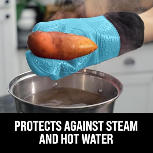 BPA-Free Soft Silicone Oven Mitts - Ultra Heat Resistant Oven Mitts with Thick Cotton Liner - Extra Long Slip Resistant Pot Holders, Flexible Oven Gloves - Aqua/Black 14.7" - Image 5