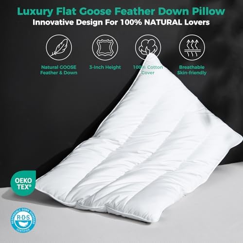 Three Geese Luxury Natural Flat Thin Goose Feather Down Pillows Standard Size, 2.5" Height, 100% Organic Cotton Cover, Medium Firm Hotel Collection Ultra Slim Thin Bed Pillows, Machine Washable,1 Pack - Image 2