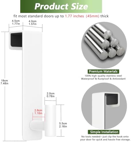 Stainless Steel Over The Door Hooks Heavy Duty, Bathroom Towel Holder Door Mount Coat Rack Towel Rack for Bedroom, Doors Hangers Towel Hooks for Bathroom Dorm Essentials (White, 2 Pack) - Image 2