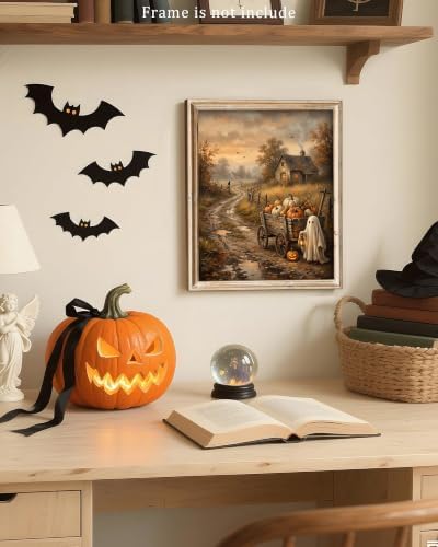 Vodefoad Vintage Halloween Ghost and Pumpkins Wall Prints, Rustic Autumn Landscape Canvas Paintings, Halloween Pumpkins Cart with Cute Ghost Picture, Halloween Gothic Dark Academia Spooky Fall Decor for Kitchen, Gallery, Bathroom Wall decor - 8x10Inch ... - Image 7