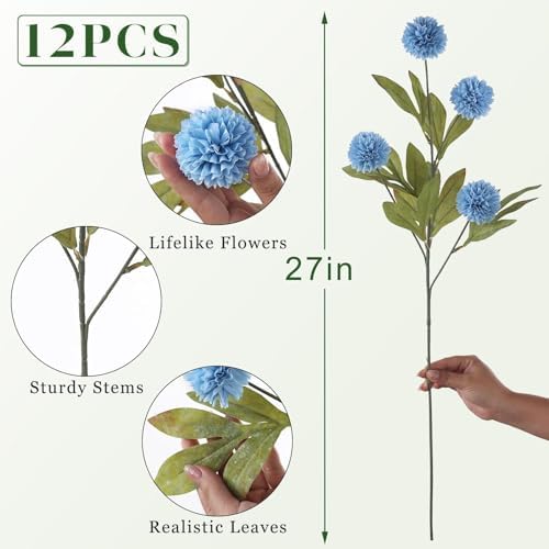 12 Pcs 27"Artificial Pompon Mum Silk Flower Stems for Vase (Dusty Blue) - Image 5