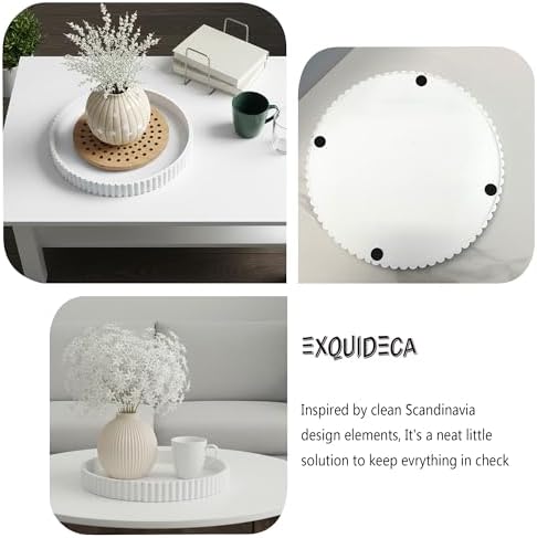 Modern Table 2pcs Nested Round Decorative Trays - Circle Coffee Table Centerpiece Set 12"/10" - Wooden White Crack Finish Bandejas with Fluted Edge - Image 4