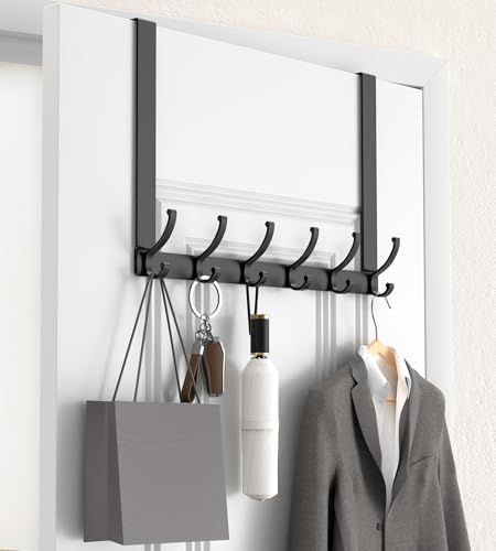 KitchLife Long Over The Door Hooks Hanger with 15.75 inches Extended Arms, Fits 1 3/8" Doors, F40U, 6 Double-Hanger Design Thickened Heavy Duty Bathroom Towel Rack Organization, Matte Black, 1 Pack by OverDoorHooksKitchenSupplies