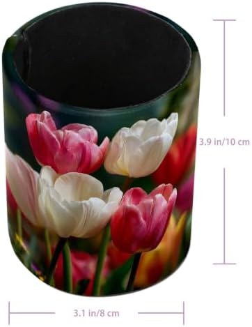 Leather Pen Holder for Desk, Pink White Tulip Pencil Cup Pen Organizer Makeup Brush Holder for Office Home Kids Countertop Desk Accessory Storage - Image 3