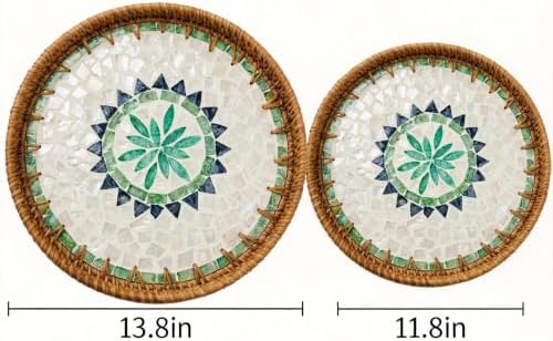 Boho Handwoven Rattan Tray with Mother of Pearl Inlay, 35 and 30cm Round Decorative Trays, Wooden Base Serving Tray Coffee Table & Wall Hanging Decor (2 Suites, Pattern:GreenSun) - Image 2