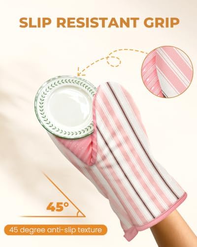 100% Thick Cotton Mini Oven Mitts Silicone Grip Pink Stripe - Image 4