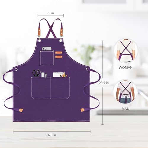 OUNLEN Chef Apron for Men Women Canvas Aprons with 3 Pockets Cross Back Resistant Work Apron for Cooking - Image 2