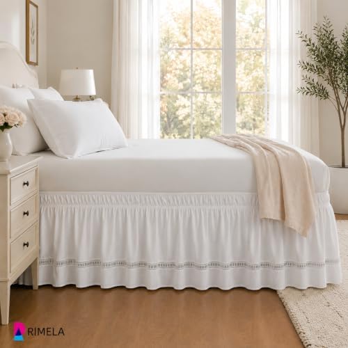 White Jacquard Bed Skirt Queen 16" Drop, Elastic Wrap Around Bedskirt - Image 2