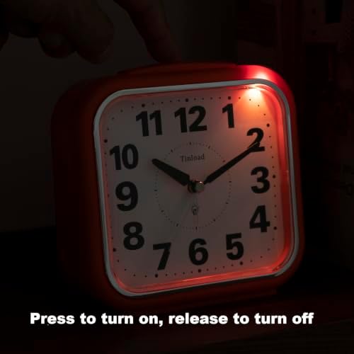 Tinload 5.5" Large No Ticking Analog Alarm Clock,Silent Readable for Seniors,Easy to Set,Gradual Rise Alarm,Big Numbers,Gentle Wake,Snooze, Lighted on Demand,Battery Operated,Orange - Image 6