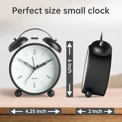 Twin Bell Loud Alarm Analog Alarm Clock, 4 inch Super Silent Non Ticking Small Clock with Night Light, Battery Operated, Simple Design, Old Fashioned, for Heavy Sleeper, Bedroom, Bedside, Desk, Black - Image 7
