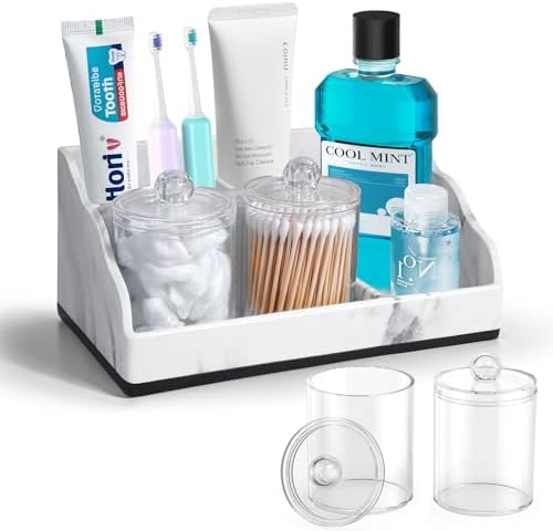 TuCao Marble Bathroom Countertop Organizer, Toothbrush Holders for Bathroom with 2PCS Qtip Holder Dispenser and Toothpaste Holder Drainage for Bathroom Accessories Organization Counter Vanity Storage by TuCao