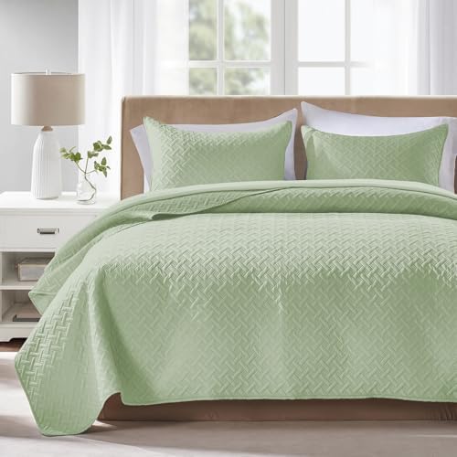FLYMME Twin Quilt Set, Lightweight Sage Green Bedspreads, Basket Weave Pattern,Ultra Soft Microfiber Bedspread Bed Coverlet 2 Pieces for All-Seasons (1 Quilt, 1 Shams) by FLYMME