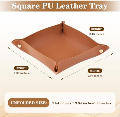 PU Leather Tray for Wallet, Portable Décor Key Tray Holder, Night Stand Storage for Bedroom, Bathroom, Living Room, Entryway, Jewelry Valet Organizer for Women Men (1, Brown, Square) - Image 2