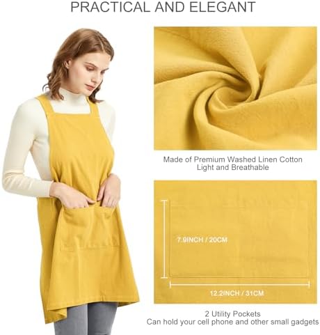 ELEZAY Aprons for Women with Pockets Plus Size Comfort Cross Back No Tie Cotton Linen Apron Pinafore - Image 4