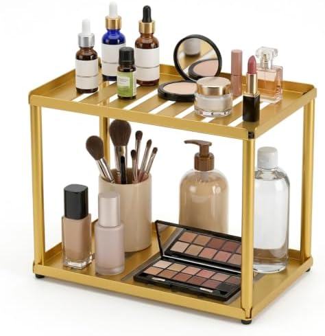 2 Tier Bathroom Counter Organizer, Rectangular Vanity Organizer Shelf, Skincare and Makeup Countertop Storage Rack for Kitchen, Bathroom, Bedroom Gold by Unknown