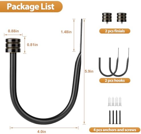 TONIAL Curtain Holdbacks, Calssic Cap Finials, Black(1 Pair/2 Pack), Large - Image 7