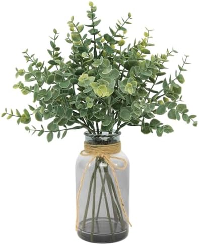 Coferset Fake Eucalyptus Stems in Glass Vase with Faux Water,Gray Vase by Coferset