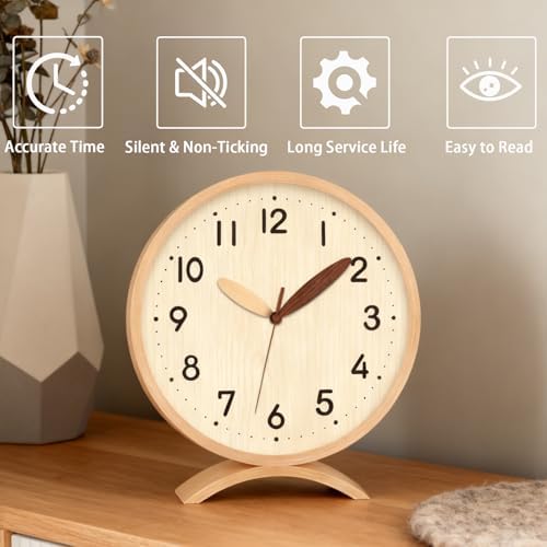 Maxspace Table Clock-8 Inch Silent Non-Ticking Wooden Timepiece Desk Clock, Battery Operated Decor Round Clock for Living Room Office Bedroom Decor (Log - Log) - Image 4