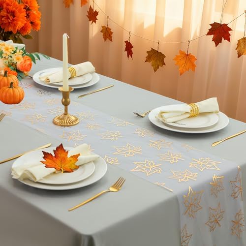 Snowkingdom 2 Pcs Gold Table Runner, Gold Maple Leaves Fall Thanksgiving Table Decorations for Autumn Harvest Sequin Glitter Lightweight White Thin Mesh Sparkle Farmhouse Dining Party Decor 108 Inch - Image 4