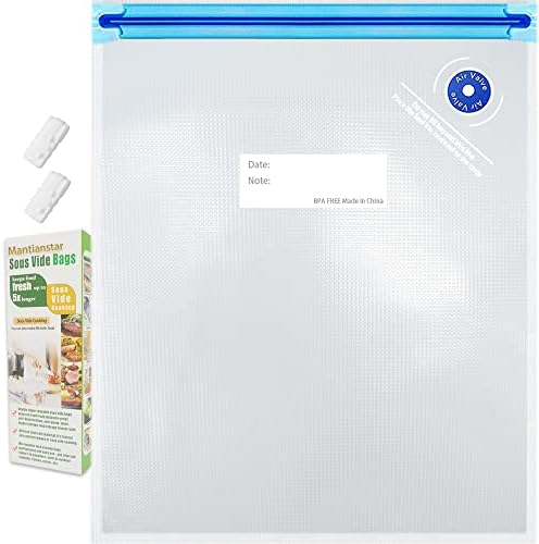 Sous Vide Bags 15pack Large Size 10.2x13.4in/ 26x34cm Food Vacuum Storage Bags, Reusable Vacuum Zipper for Sous Vide Cooking, 2 Sealing Clips for Food Storage and Sous Vide Cooking by Mantianstar
