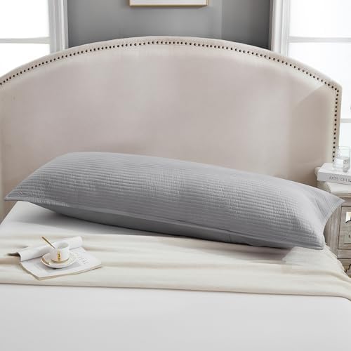 Quilted Body Pillow Cover, Striped Long Size 21"x54" Body Pillowcase 1PC Soft Breathable Long Pillow Cover for Pregnant Women Side Sleeper, Envelope Closure, Gray - Image 4