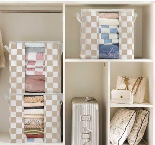 Ohocut Beige Checkered Clothes Storage Bins, 100L Large Blanket Storage Bags 3 Pack, Closet Organizers and Storage Containers for Comforters, Bedding, Foldable Organizer with Handle - Image 3