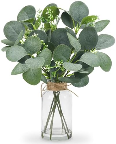Der Rose 13.5" Sage Green Faux Eucalyptus in Clear Vase for Bathroom Decor by DerRose