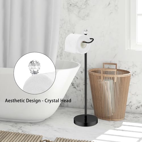 ROLABAM Paper Holder Stand for Floor-Free Standing Toilet Paper Holder Stand for Bathroom Total Height 24.4" with Crystal Ball, Matte Black Finished - Image 2
