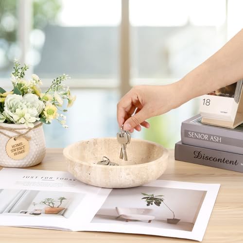 Hipiwe 7.9" Round Key Bowl for Entryway Natural Travertine Stone Tray - Image 2
