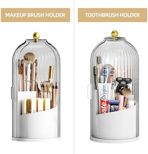 Dustproof Toothbrush Holder with Lid, 360 Rotating Countertop Electric Toothbrush Toothpaste Holders with Cover for Bathroom, 3 Slots Makeup Brush Holder with Lid for Vanity, White-Clear - Image 5