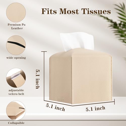 6-Pack Square Tissue Box Cover Holder, Beige PU Leather Decorative Covers for Living Room, Bathroom, Office & Car - Image 3
