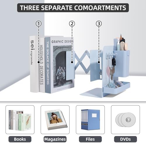 Adjustable Bookends, 19" Metal Book Ends for Heavy Books, 2 Dividers Bookends with Removable Pen Holder, Tray, and 3 Hook-up, Book Organizer for Office, School, Bookstore, Home - Image 4