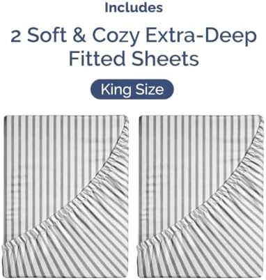 CGK Linens 2 Pack Extra Deep King Fitted Sheets - Grey Stripes - Image 4