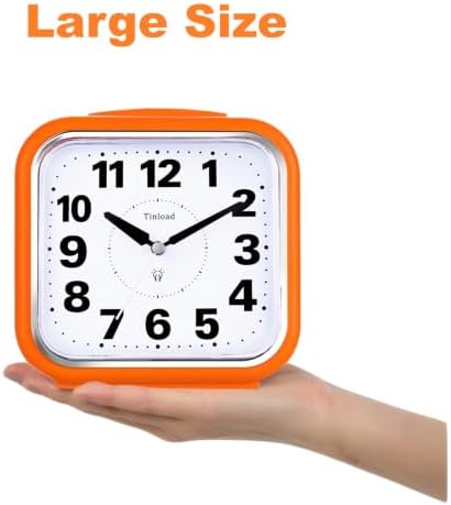 Tinload 5.5" Large No Ticking Analog Alarm Clock,Silent Readable for Seniors,Easy to Set,Gradual Rise Alarm,Big Numbers,Gentle Wake,Snooze, Lighted on Demand,Battery Operated,Orange - Image 2