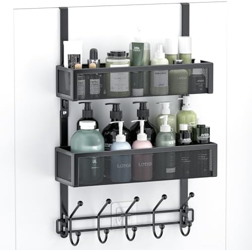 Adjustable Over The Door Hooks Organizer, Door Hanger Coat Rack with 2 Mesh Baskets and 10 Hooks, Back of Door Storage Organizer for Bedroom,Bathroom,Kitchen (Black) by Aimeaihe