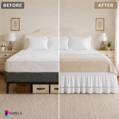 White Jacquard Bed Skirt Queen 16" Drop, Elastic Wrap Around Bedskirt - Image 3