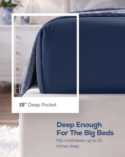 Pack of 2 Queen Fitted Sheet, Fits Up to 15 Inch Deep Pocket, Navy - Image 2