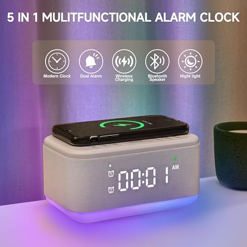 Alarm Clock Speaker Wireless Charger, Digital Alarm Clocks Bedrooms Bluetooth, Alarm Clock Dimmable Light Bedrooms Dual Alarm Snooze Dimmer 12 24H RGB Night Light Bluetooth USB AUX, White - Image 2